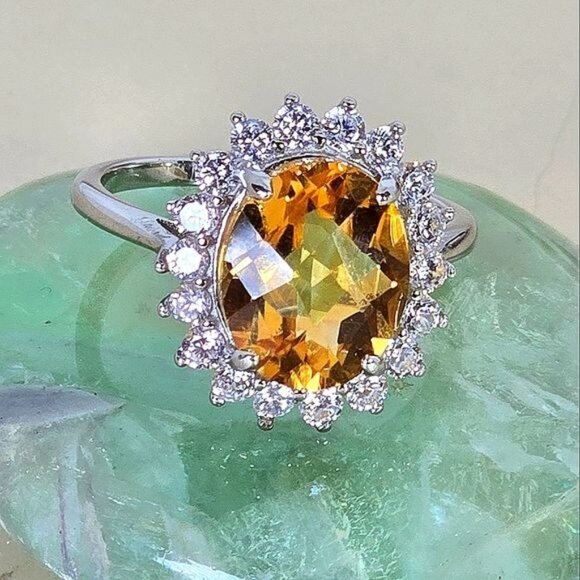 925 Sterling Silver Ring Sz 6.75 with Natural Citrine 12x10mm & CZ - Picture 2 of 8